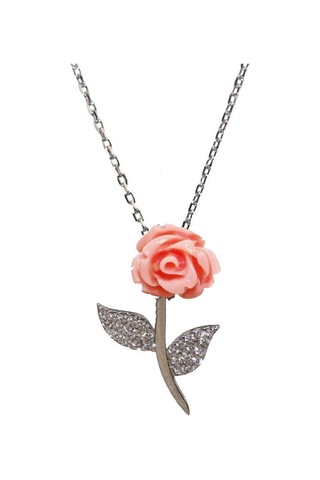 925 Ayar Gümüş Zirkon Taşlı Özel Tasarım Beyaz Yaprak Gül Kolye Gümüş