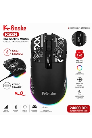 Rgb Gaming Mouse 24000 Dpı Kablosuz 2.4g Bluetooth Type-c Şarjlı Oyuncu Mouse Şarj Standlı Ms-ks2ns