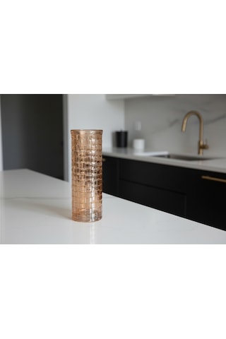 Amber Bal Rengi Hasır Desenli Silindir Cam Çiçek Vazosu 19 Cm Beyaz