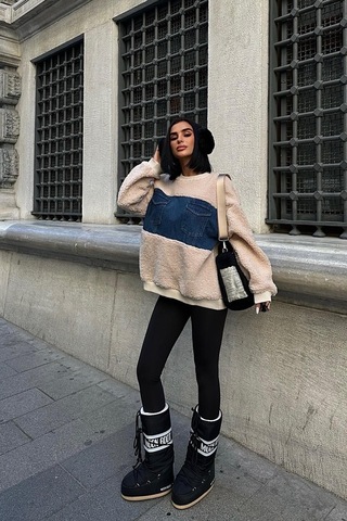 WeShaya Kadın Taş Polyester Bisiklet Yaka Uzun Kollu Sweatshirt Taş