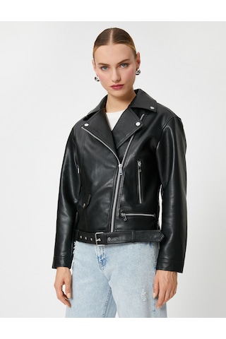 Koton Oversize Biker Ceket Suni Deri Fermuarlı Siyah 3sak20013ew