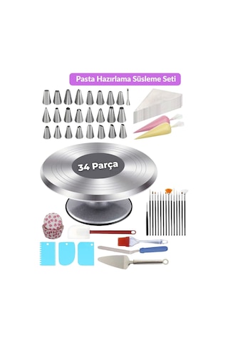 34 Parça Pasta Süsleme Hazırlık Seti Krema Duyu Torbası Standı Pasta Fırçası Spatula Kazıyıcı Beyaz