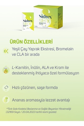 Sidrex Slm-x Bromelain Cla ve Yeşil Çay Ekstresi İçeren Takviye Edici Gıda 30 Saşe