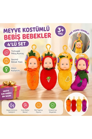 Askılı Meyve Kostümlü Bebiş Bebek 4'lü Set Peluş Meyve Tasarımlı Mini Oyuncak Bebekler