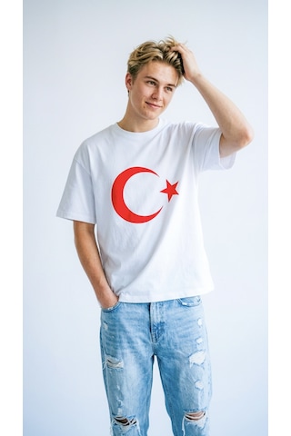 Hoxie Unisex Ay Yıldız Baskılı Beyaz T-shirt - Türk Bayrağı Tasarımlı Pamuklu Oversize Tişört