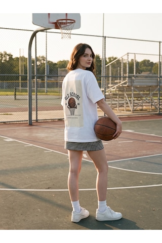 Black Nova Oversize Baskılı Unisex Tişört Basketball 86 Beyaz