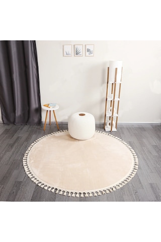 Linos Home Krem Fluffy Düğüm Saçaklı Yuvarlak Post Peluş Halı Kaymaz Taban