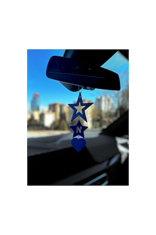 Lovestar Koleksiyonu Harfli Yıldız & Kalp Araba Dikiz Ayna Süsü Mavi Kişiye Özel Araç İçi Aksesuar