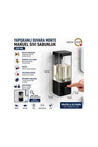 Mainshop 1 Adet Mutfak Banyo Otel Restoran Okul Hastane Uyumlu Şeffaf Hazneli Yapışkanlı Sabunluk 350 Ml M-53 Siyah