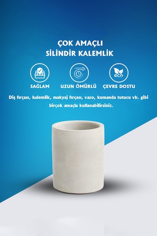 Dekoratif Beton Silindir Kalemlik Çok Amaçlı Organizer Vazo Saksı Ofis Ve Banyo Düzenleyici 8x10 Cm Beyaz