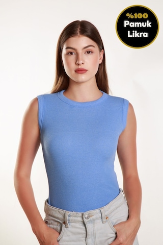 Kadın Bebe Mavisi Fitilli Likralı Sıfır Kol Bisiklet Yaka Örme Atlet Tshirt Bluz Bebe Mavi