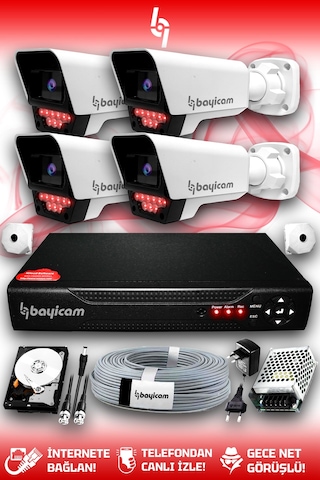 Bayicam 4 Kameralı Süper 4 Dış Kamera Set 320 GB 5 MP 2K Net Gece Görüşlü Güvenlik Kamerası Sistemi