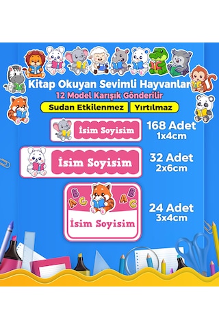 Kitap Okuyan Hayvanlar Temalı Okul Kreş Kişiye Özel İsim Etiket Seti - Model 188 Çok Renkli