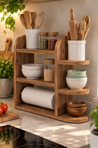 Sulorahome Çam Desenli Mutfak Düzenleyici Raf Ve Kağıt Havlu Askılı Stand Atlantik Çam