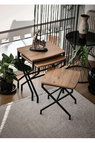 Modern Estetik Minimalist Çok Amaçlı Siyah Metal Ayak 3'lü Doğal Ahşap Zigon Sehpa Siyah