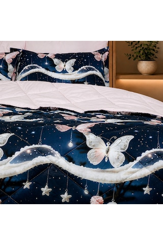 Starlight Butterfly Luxe Çift Kişilik Kelebek Desenli Premium Uyku Seti Çeyiz Seti Lastikli Çarşaflı %100 Pamuk Mavi