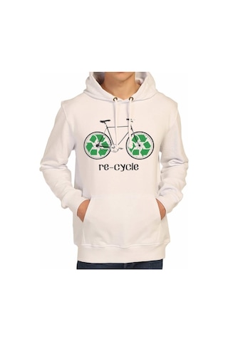 Bant Giyim - Re-Cycle Beyaz Kapşonlu Erkek Sweatshirt Hoodie