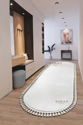 Puffy Gri Oval Örgü Saçaklı Peluş Yumuşacık Yıkanabilir Kaymaz Taban Halı Salon Oturma Odası Beyaz