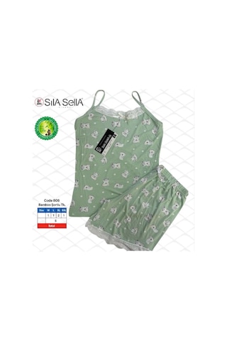 Belpa Sıla Sella Bamboo Kadın Şortlu Pijama Takımı Askılı Dantel Detaylı Haki