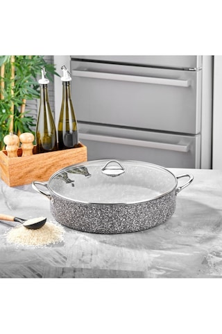 Taç Ultra Granit Basık Tencere Metal Saplı 36 Cm Açık Gri
