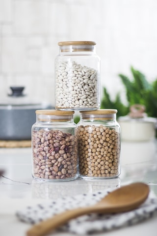 3 Lü Set Bambu Kapaklı Cam Kavanoz & Erzak Saklama Kabı 800 Ml Orta Boy Vakum Kapak Çok Renkli