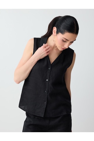 Jimmy Key Siyah %100 Keten Kolsuz Dar Kesim Gömlek 6sw085538900