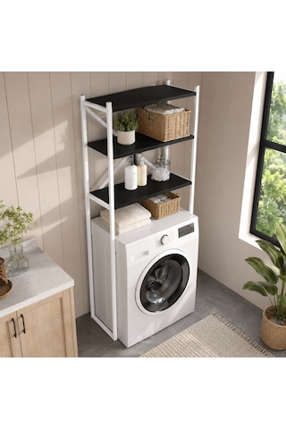 Braga Metal 3 Çamaşır Makinesi Üstü Düzenleyici Raf Beyaz Banyo Düzenleyici Dolap Beyaz - Siyah
