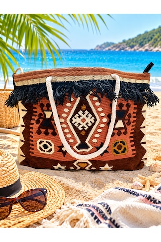 Etnik Desenli Kilim Omuz Ve Plaj Çantası 50x30 Cm Açık Kahverengi