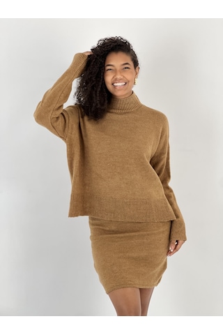 Miss Poem Düşük Omuz Boğazlı Kazak Mini Etek Camel Takım Camel