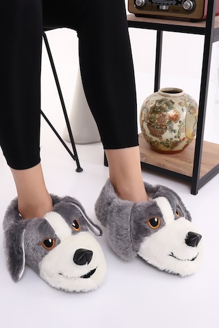 Wordex Hayvanlı H10 Köpekli Kışlık Kadın Erkek Çocuk Panduf Ev Içi Sessiz Taban Panduf Gri
