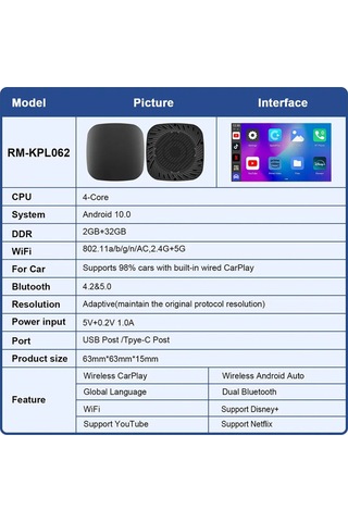 Wireless Carplay Android Araba 4 Çekirdekli Akıcı Full Hd 1080p Wifi 2.4/5g A133allwinner Chip