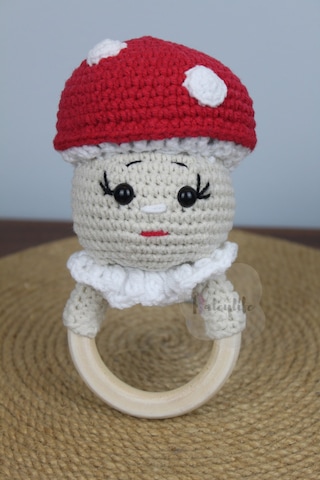 Aleylife Amigurumi Organik Mantar Çıngırak Diş Kaşıyıcı Bej - Kırmızı