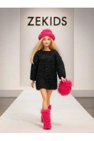 Barbie Bebek İçin El Örgüsü Kazak Çanta Şapka Ayakkabı Dörtlü Set Barbie Bebek Dahil Değildir -15936