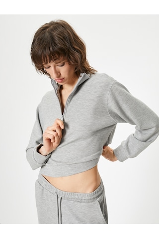 Koton Yarım Fermuarlı Sweatshirt Dik Yaka Düşük Omuz Detaylı Gri 4sak10595ek Gri