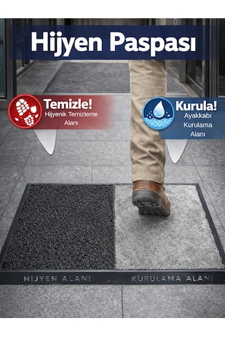 Beylini Çift Taraflı Dezenfektan Hijyen Paspası Kapı Ev Ofis Giriş Kıvırcık Paspas Kurulama Kaydırmaz 40x80 Cm Gri