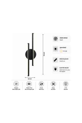 Aden Modern Led Duvar Apliği Günışığı Siyah