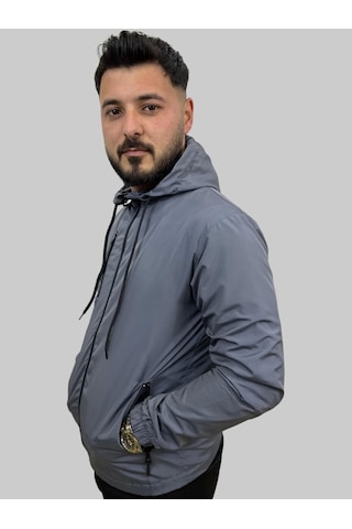 Erkek Kapüşonlu File Detaylı Füme Yağmurluk Füme
