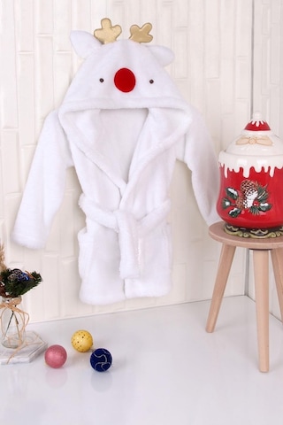 Baveno %100 Polyester Beyaz Çocuk Kapüşonlu Sabahlık Bornoz Ev Giyim