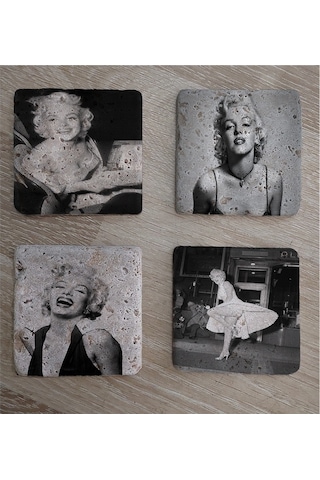 Siyah Beyaz Marilyn Monroe Fotoğrafları Doğal Taş Bardak Altlığı 4'lü Set - Natural Stone Coasters-174207 Beyaz - Siyah