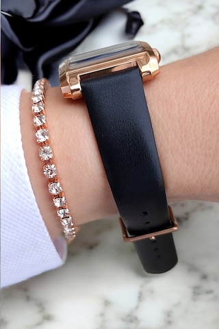 Siyah Deri Kayışlı Rose Gold Dikdörtgen Kasa Kadın Kol Saati, Taşlı Bileklik Hediyeli Rose Gold