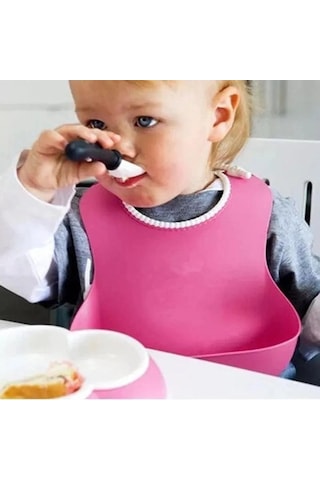 Biishe Çocuk Bebek Mama Önlüğü Dökülme Engelleyici Bükülebilir Pembe