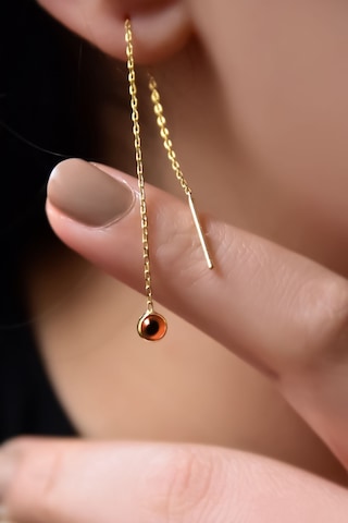 Papatya Silver 925 Ayar Gümüş Gold Kaplama Turuncu Cam Göz Zincir Küpe