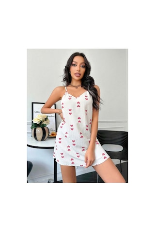 Lily Bianca Nightwear Kalp Desenli Askılı Penye Gecelik Beyaz