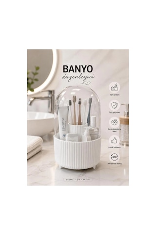 Galeriyo Şeffaf Kapaklı 360 Banyo Düzenleyici Organizer Beyaz Beyaz