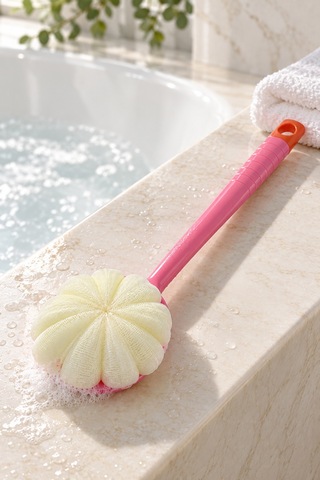 Çift Taraflı Duş Kesesi Ve Vücut Fırçası Uzun Saplı Banyo Fırçası, Peeling Etkili Masaj Kesesi Pembe Saplı - 930428623