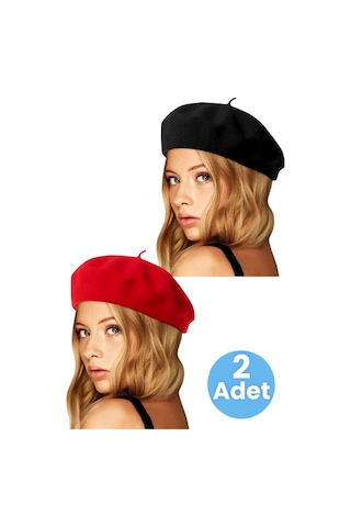 Uniquetrenders Kadın Fransız 2'li Ressam Bere Siyah Kırmızı Kırmızı - Siyah