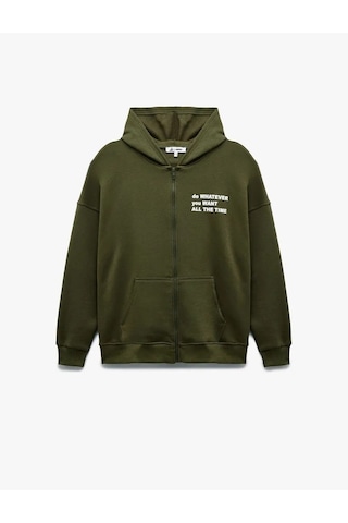 Koton Şardonlu Baskılı Fermuarlı Kapüşonlu Kadın Oversize Sweatshirt 6wal10142ık Haki