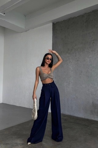 Defymoda Üç Düğme Detayli Palazzo Pantolon Lacivert