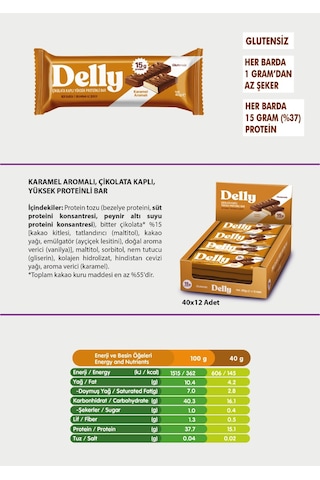 Delly Karamel Aromalı Çikolata Kaplı Yüksek Protein Bar 12 x 40 G