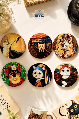 Sanat Eseri Kedi Tasarımlı 6 Lı Bardak Altlığı Seti 9 Cm, 3 Mm Mdf, Uv Dijital Baskı Çok Renkli